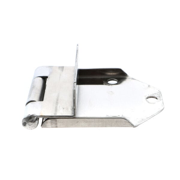 A stainless steel hinge assembly with a metal piece and keyhole.