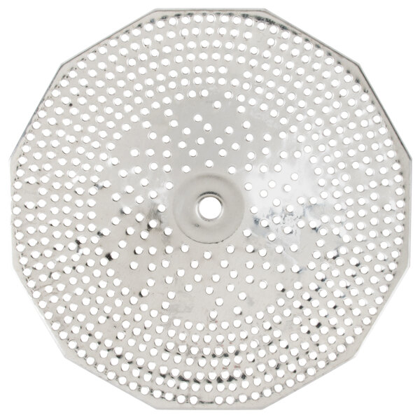 A circular metal cutting plate with small holes.