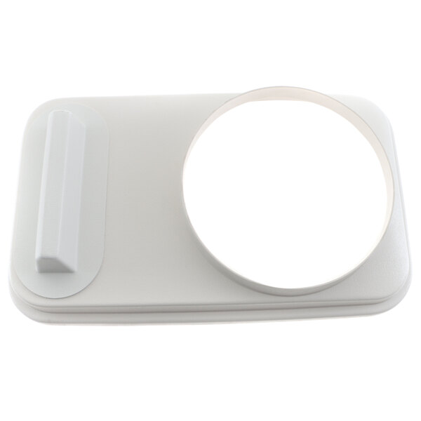 A white rectangular plastic dip tray holder with a round hole.