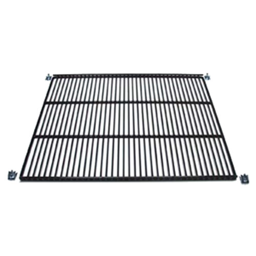 A black coated wire shelf with a grid design on it.