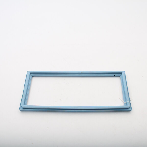 A blue rectangular frame on a white surface.