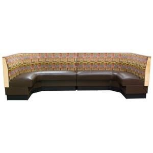 An American Tables & Seating half circle corner booth upholstered in brown leather.