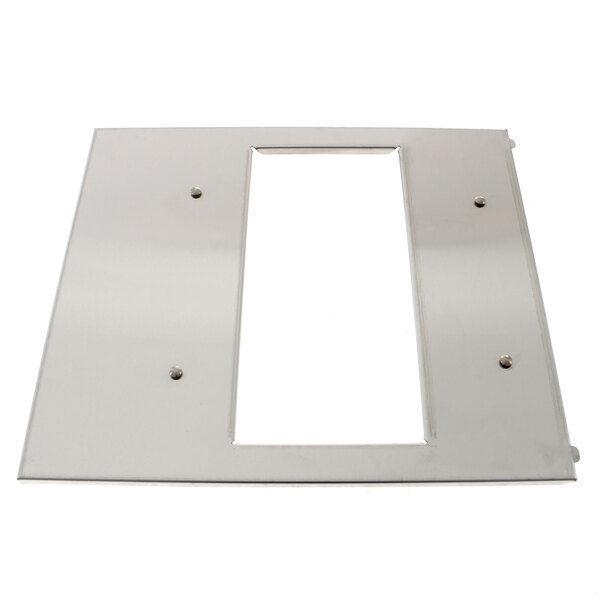 A rectangular silver metal Duke access panel with holes.