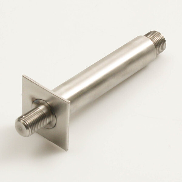 A stainless steel metal pole with a screw on the end.