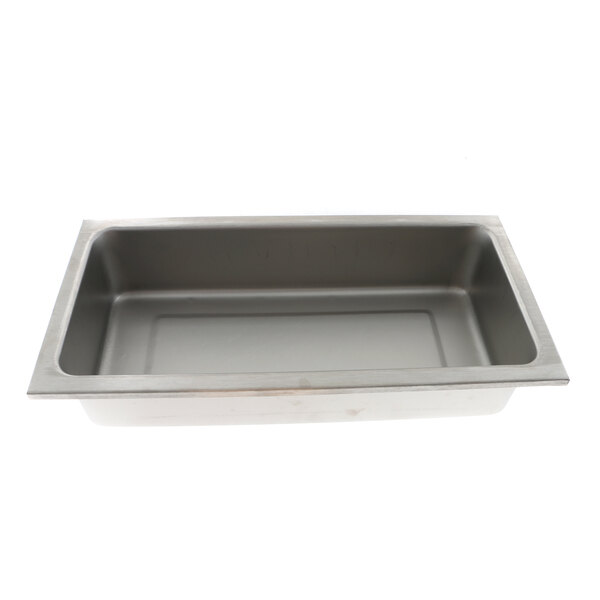 An APW Wyott stainless steel pan with a lid on a countertop.