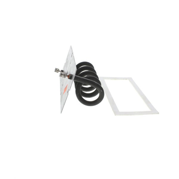 A black coil with a white metal plate and frame on a white background.