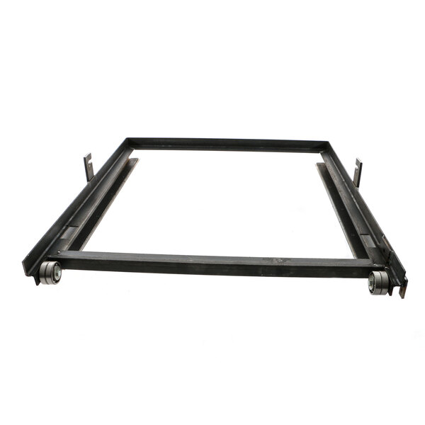 A black metal frame with wheels.