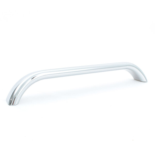 A chrome handle with silver accents on a white background.