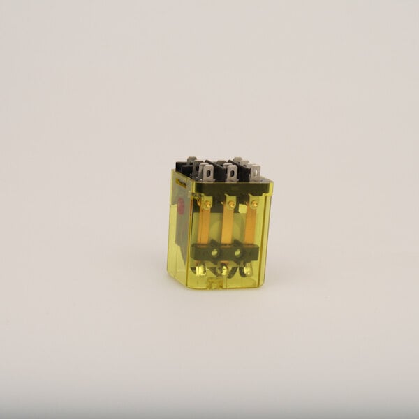 A yellow and black plastic Scotsman relay with metal parts.