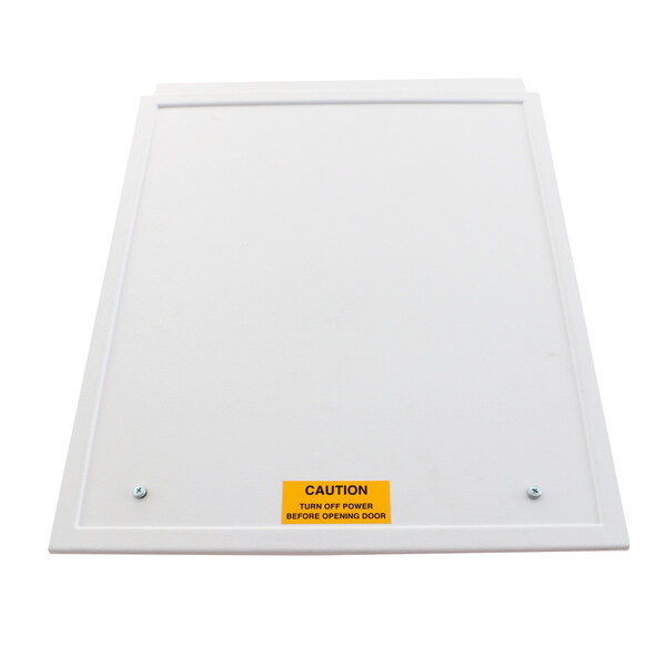 A white rectangular panel with a yellow sign on it.