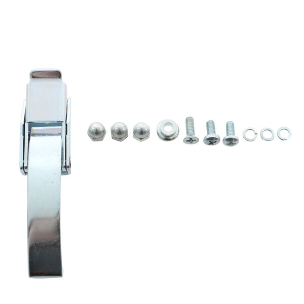 A stainless steel Cres Cor door latch with screws and bolts.