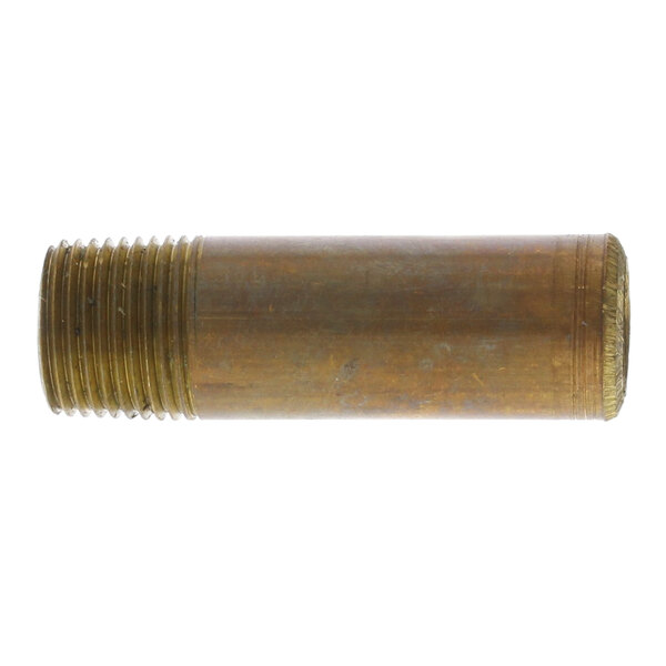 A close-up of a brass threaded metal tube.