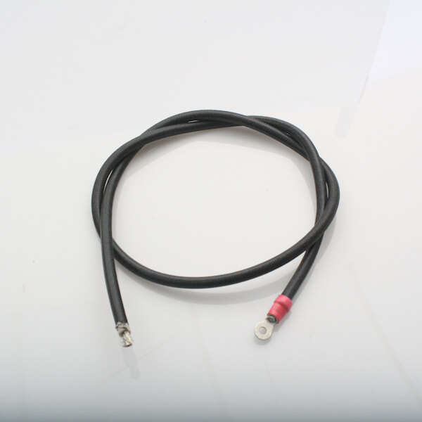A black cable with red and white wires and a red ring.