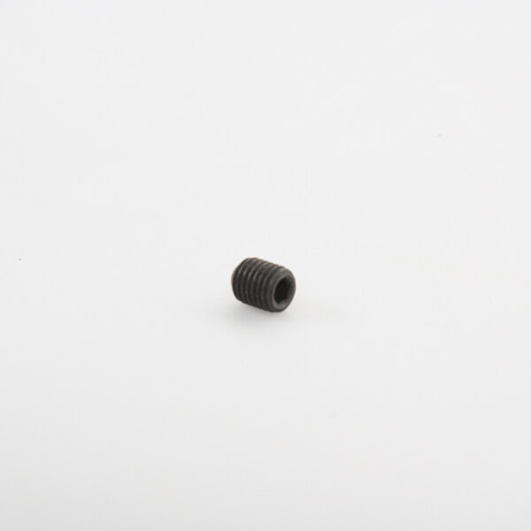 A close-up of a black Univex set screw on a white surface.