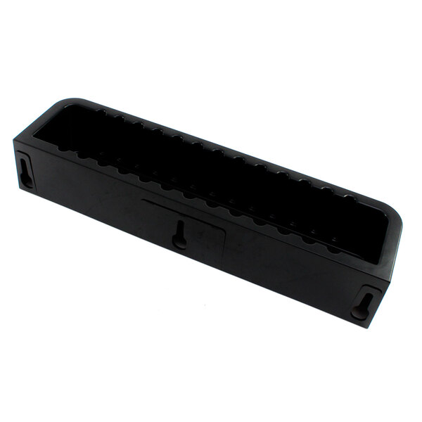 A black rectangular plastic syrup rack with holes in it.