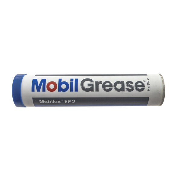 A Middleby Marshall Mobil Lux #2 cartridge of grease with a blue cap.