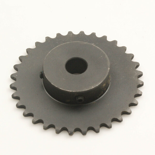 A black circular sprocket with a hole in the center.