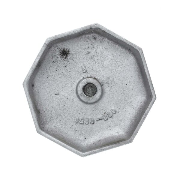 A silver hexagonal metal casting with a hole in it.