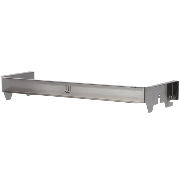 A stainless steel Antunes Universal Bun Feeder shelf with a hole in the middle and a metal handle.