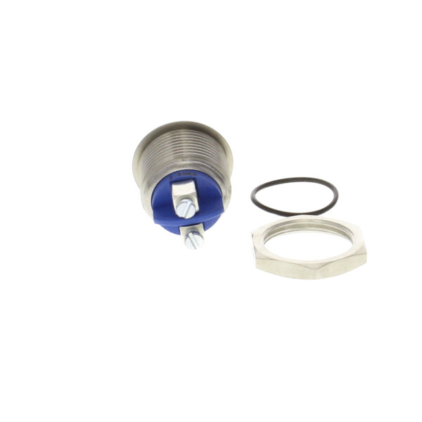 A round metal momentary switch with a blue lid and a nut.