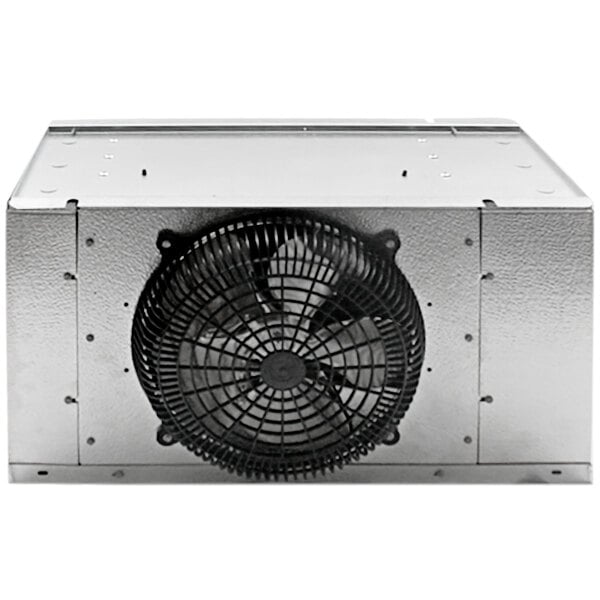 A white rectangular metal box with a fan inside.