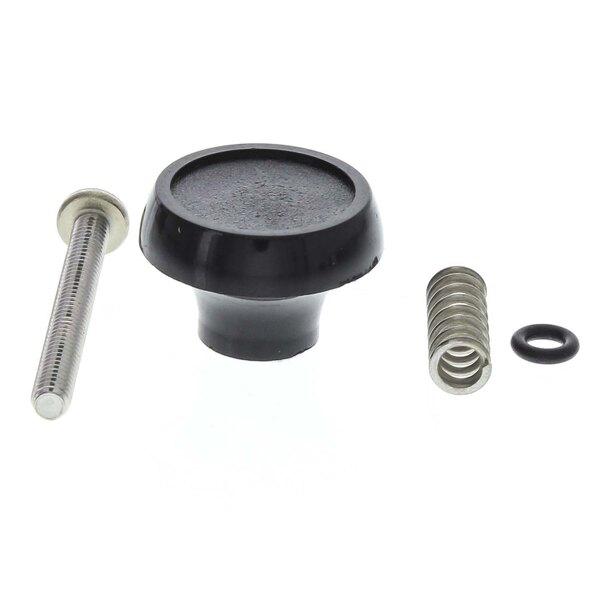 A black round plastic knob with a bolt and screw.