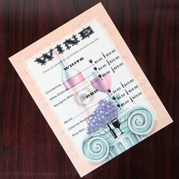 An 8 1/2" x 11" wine themed menu with a column design on a table.