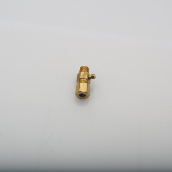 A gold metal pilot valve with a nut on a white surface.