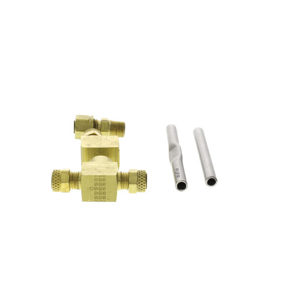 A gold metal Antunes fitting kit with two pipes and a screw.