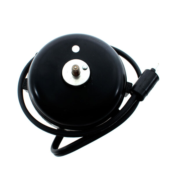A black round electric motor with a black cord.