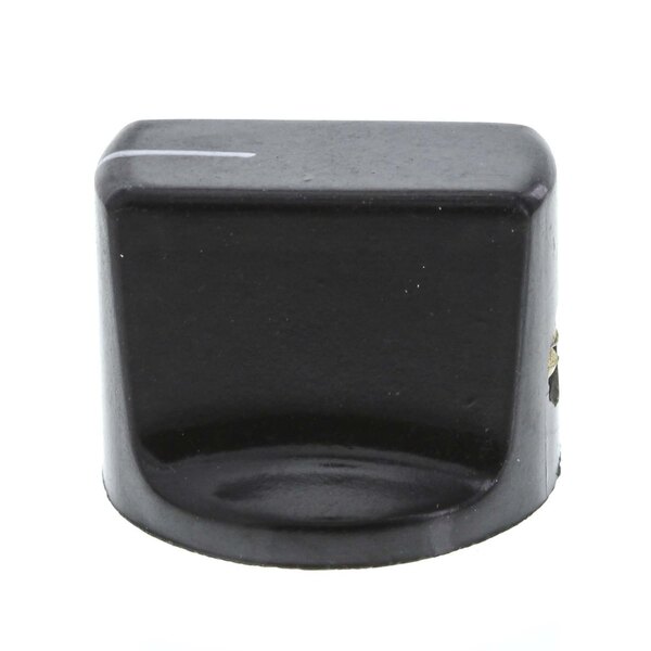 A close up of a black plastic Vollrath control knob with a white line.