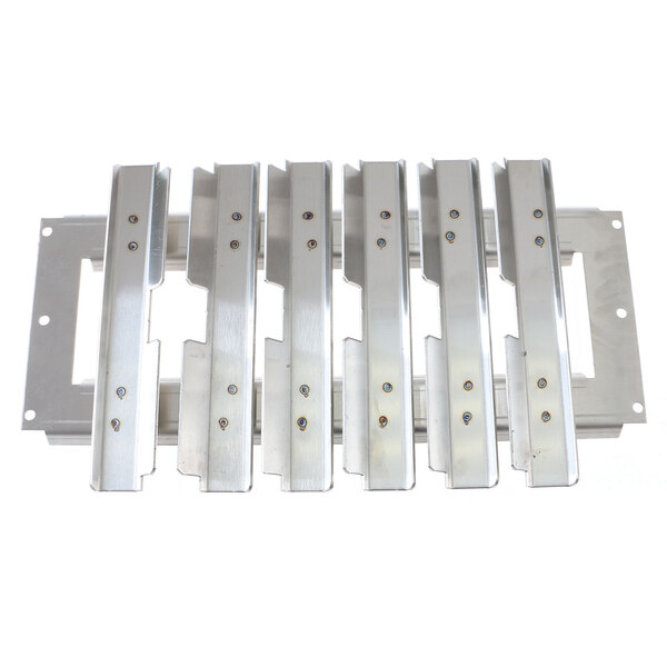 Four white rectangular metal plates with holes.