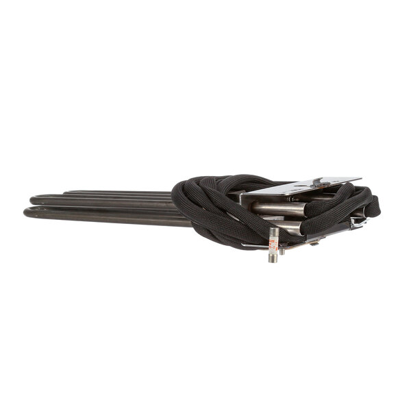 A black rope wrapped around a metal bar with black metal hooks on the ends.