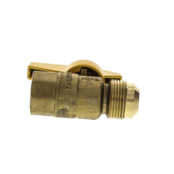 A brass Pitco gas valve with a gold handle.