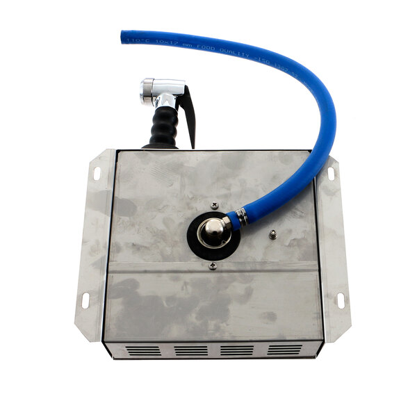 A metal box with a blue hose attached.