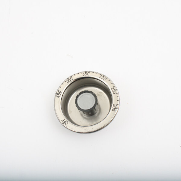 A stainless steel APW Wyott knob with a circular metal dial.