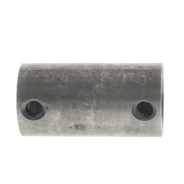 A metal Blodgett coupling with two holes on the ends.