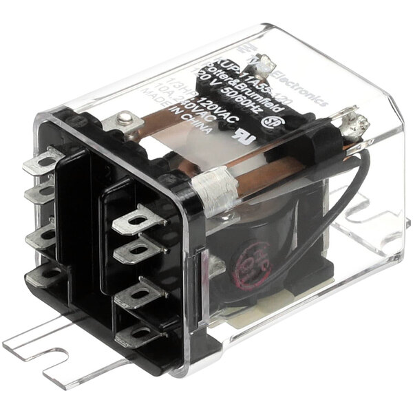 A Cornelius 638003898 relay with a clear plastic cover and black wires.