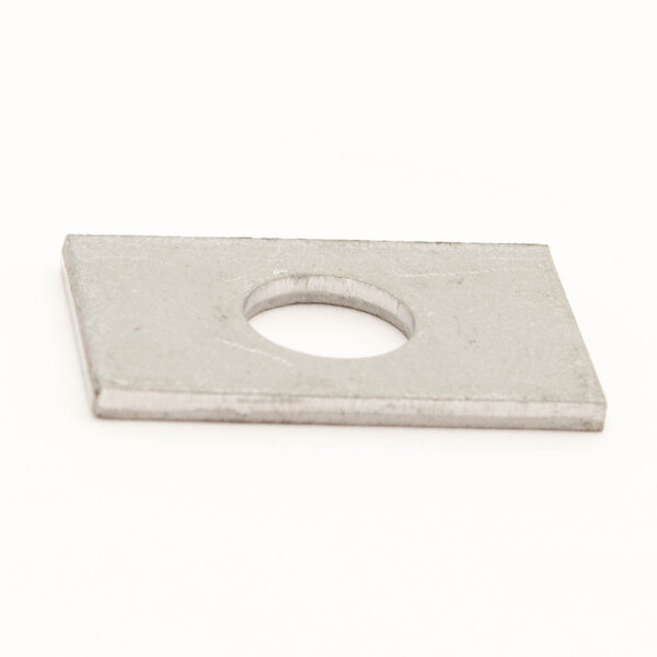 A silver rectangular metal washer with a hole in it.