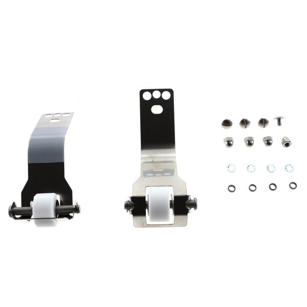 A set of Antunes metal brackets with white plastic rollers and screws.