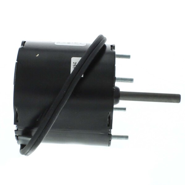 A black round Master-Bilt evaporation fan motor with a black wire.