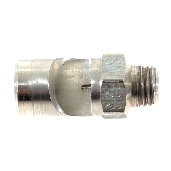 A close-up of a stainless steel Blakeslee nozzle threaded connector.