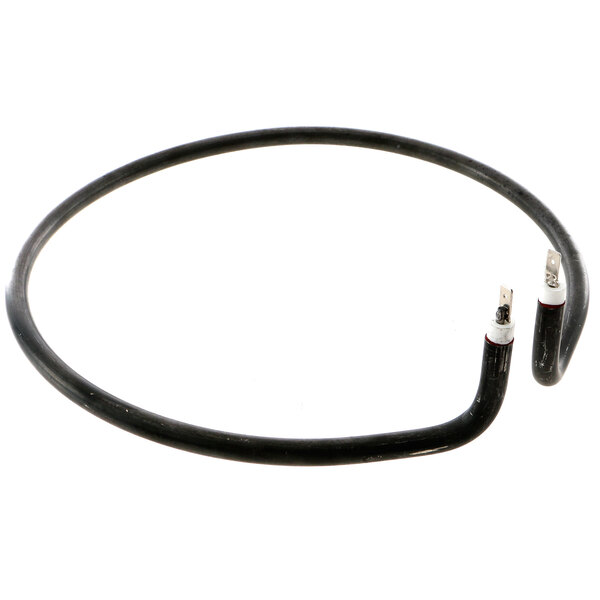 A black cable with white ends attached to a black round object.