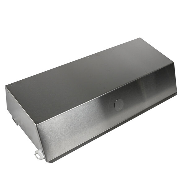 A stainless steel metal box with a hole on top.