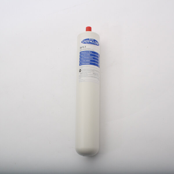 A white cylinder water filter with a red cap.