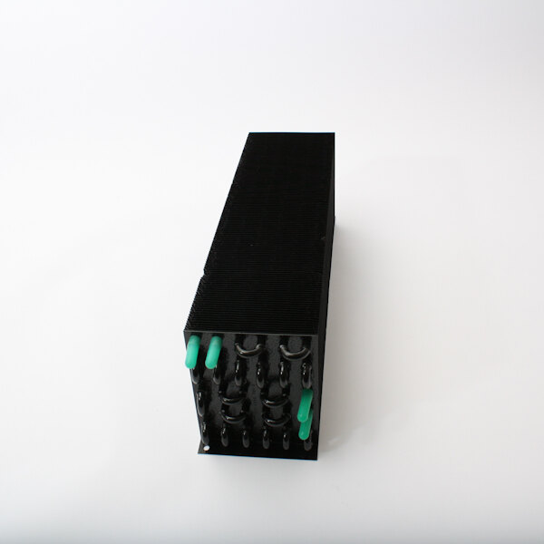 A black rectangular evaporator coil with green tubes and blue wires.