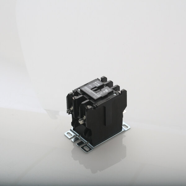 A small black Master-Bilt contactor with metal brackets on a white background.