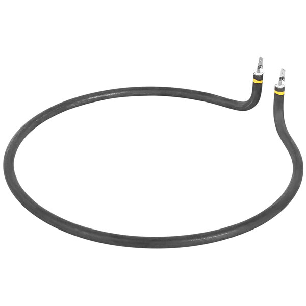 A black cable with yellow stripes and a black wire on a white background.
