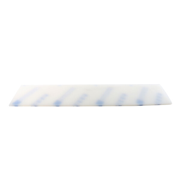A white rectangular plastic cutting board with blue lines.