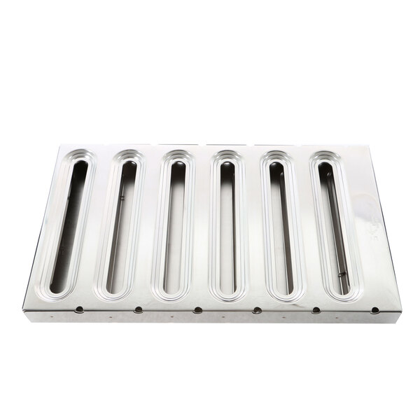 A silver rectangular Kason grease filter with six holes.
